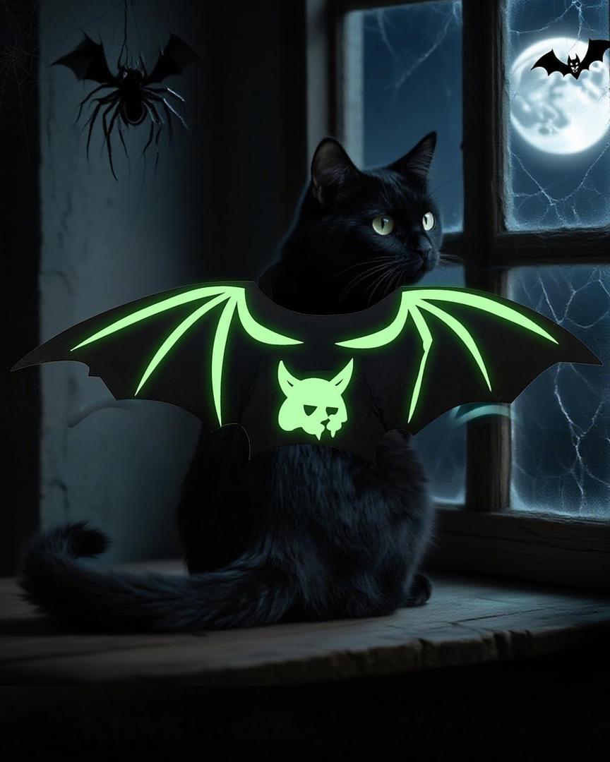 Cat Halloween Costume Bat Wings - Glow in The Dark Pet Halloween Party Cosplay Dress Up Accessories for Cats Small Puppy Dog