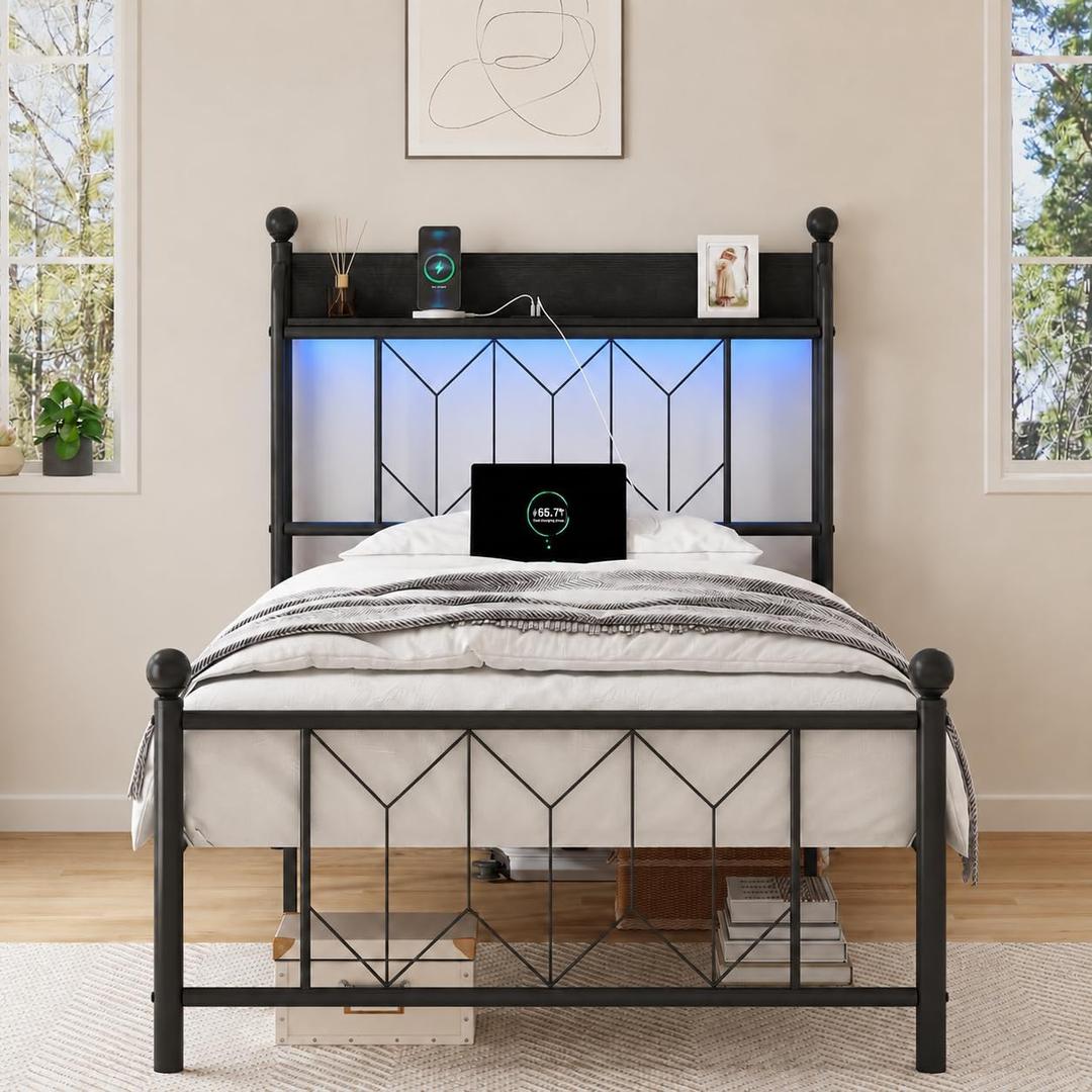 Kiivakii Metal Twin Bed Frame with Charging Station and LED Lights, Black