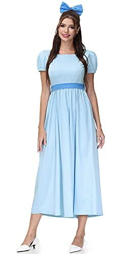 Halloween Women Adult Peater Pan Darling Cosplay Costume Short Puff Sleeve Princess Blue Maxi Dress with Bow Belt XS