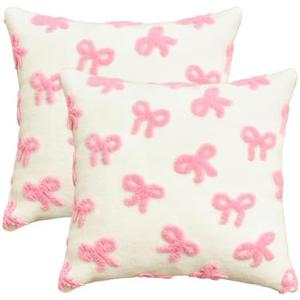 AVOIN colorlife Pink Bow Throw Pillow Covers, 18 x 18 Inch Soft Plush Faux Fur Jacquard Cushion Case Decoration for Girl Gift Bedroom Holiday Home Sofa Couch Set of 2