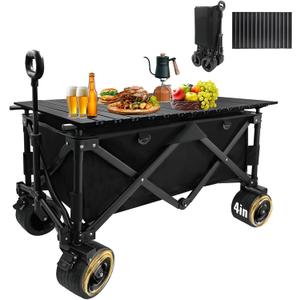Collapsible Foldable Wagon Cart with Big Wheels and Tabletop, Large Capacity 440Lbs Folding Utility Wagon Carts for Sand, Beach, Camping, Shopping, Sport (Black)