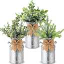 3 Pack Farmhouse Faux Eucalyptus Plants Artificial Potted Fake Plants Rustic Galvanized Metal Milk Can Vase Faux Eucalyptus Arrangement Centerpiece for Wedding Home Indoor Table Shelf Dcor
