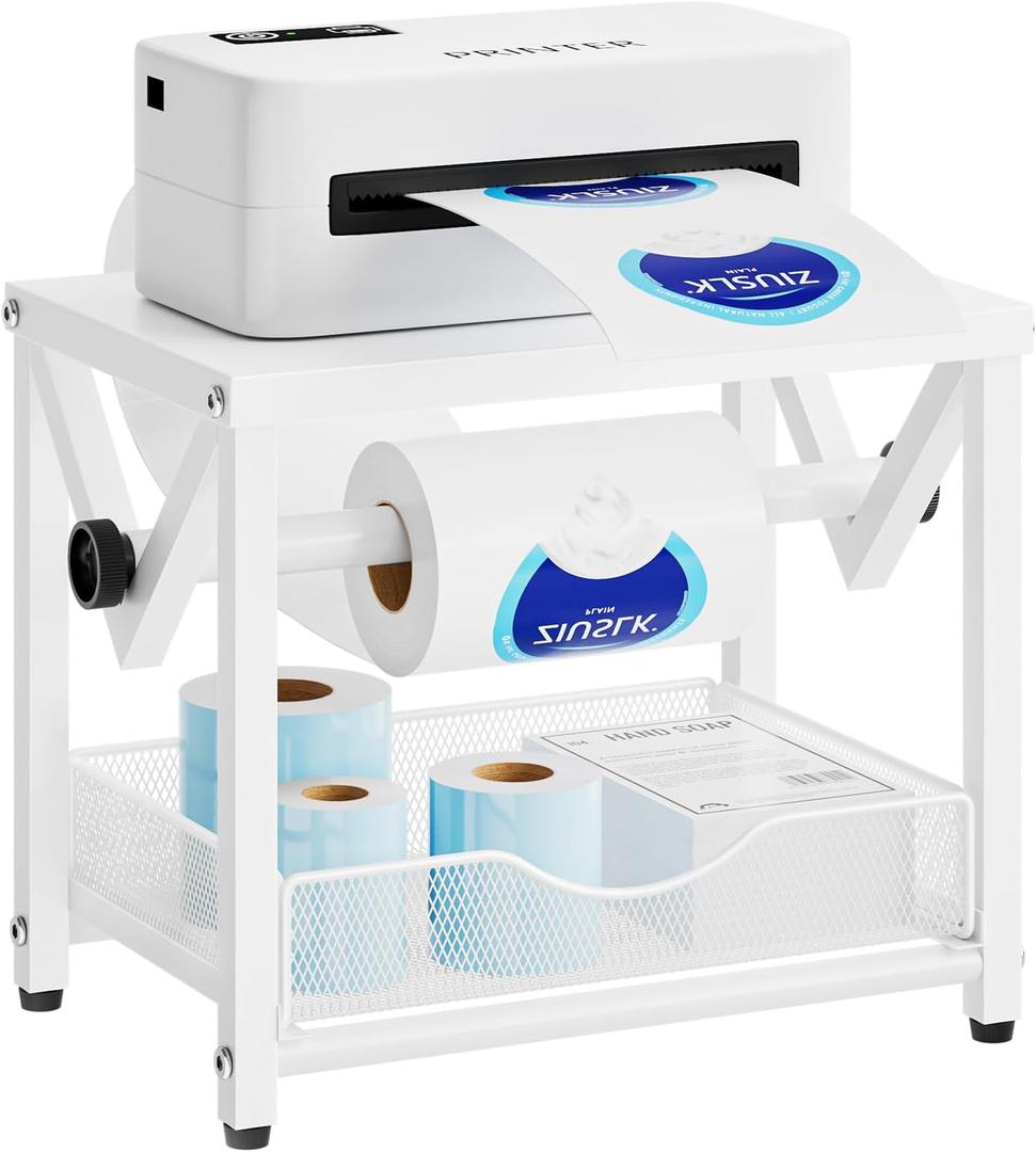 Marbrasse Label Holder for Rolls and Fanfold Labels, Metal Thermal Label Printer Holder with Drawer, Shipping Label Stand, Sticker Roll Holder for Home, Office, Small Business,White