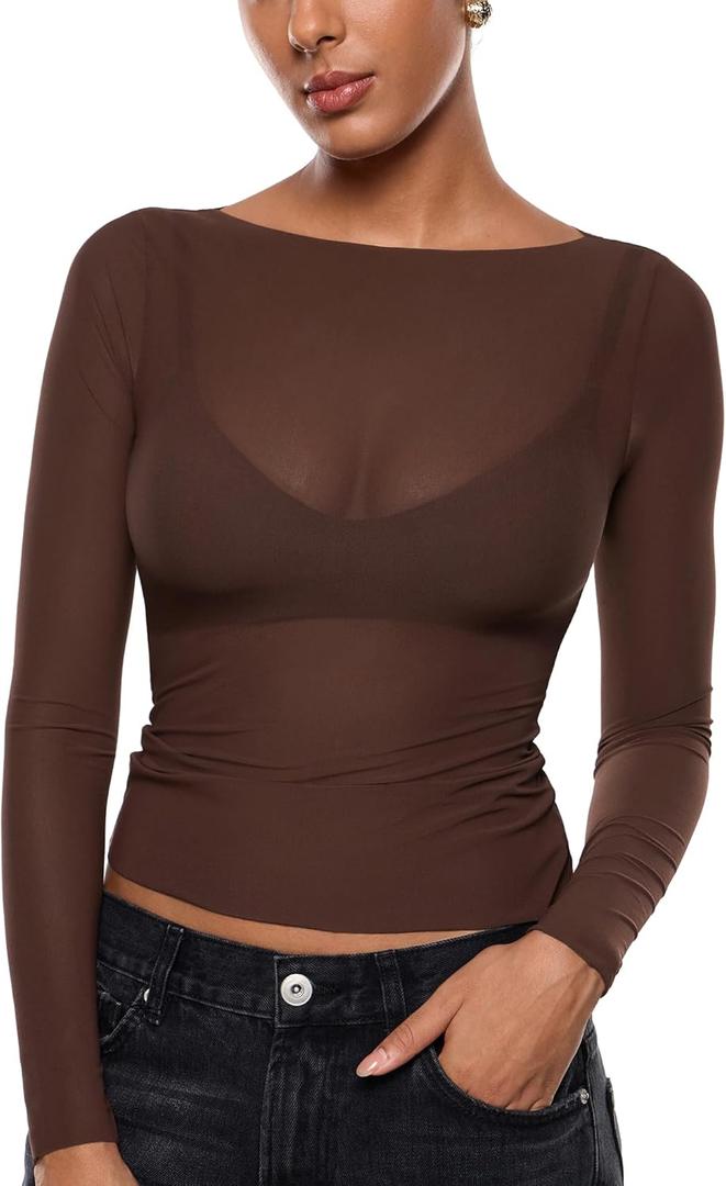 INLYRIC Women's Cosnufy Mesh Sheer Long Sleeve Tops See Through Boat Neck Going Out Tops Trendy Sexy Shirts (Hazelnut) S