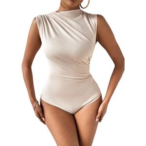 Milumia Women's Ruched Tank Top Sleeveless Mock Neck Bodysuit Fitted Jumpsuit Tops (X-Large, Apricot)