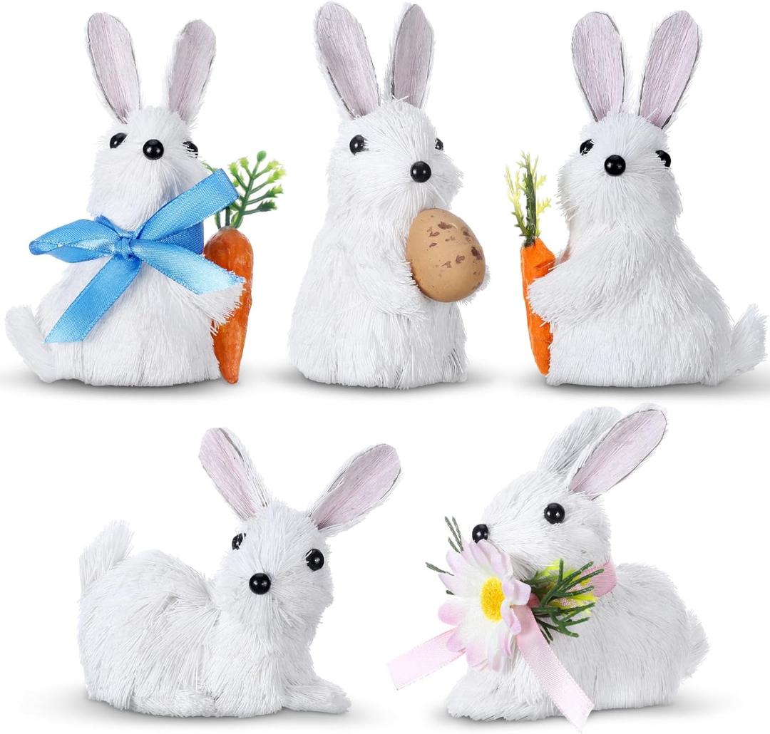 Wesiti 5 Pcs Sisal Easter Bunny Figurines Easter Realistic Rabbit Centerpieces Decor with Carrot Spring Decorations for Holiday Parties Farmhouse Decor(Bunny)