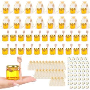 AuroTrends Mini Honey Jars with Dipper 1.5oz 48Pack, Empty Hexagon Honey Jars for Baby Shower Favors/Wedding Favors- Mini Glass Jars with Lids/Wooden Dippers/Gift Bags (1.5 fl.oz-48Pack)