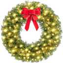 Yaheetech 30in Large Artificial Christmas Wreath, Pre-lit Holiday Accent Decoration with Red Bow, 110 LED Lights & 300 PVC Tips, Metal Structure for Door Wall & Mantel