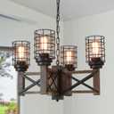 Eumyviv Wood Farmhouse Cage Rustic Chandelier Kitchen Island 4 Lights, 23.9" Industrial Dinning Table Pendant Lamp Vintage Edison Ceiling Light Fixture, Brown & Black(C0074)