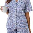 LUBOT 100% Cotton Pajamas for Women 2 Piece PJ Set Poplin Woven Button Down Short Sleeve Summer Sleepwear (Size L)