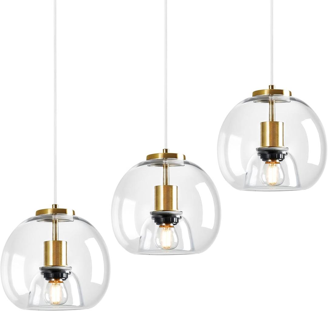 Clear Glass Pendant Lights Kitchen Island 3 Pack 7.87" Glass Globe Pendant Light Gold Hanging Light Fixture Modern Pendant Lighting for Kitchen Island Bedroom Dining Room