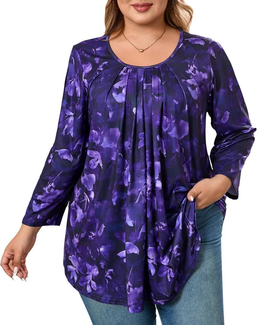 Plus Size Tunic Tops for Women 3/4 Sleeve Tunics Loose Fit Shirt Crew Neck Pleated Solid Casual Dressy Blouses (Purple, XXL)