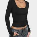 MANGOPOP Scoop Neck Long Sleeve Tops for Women Sexy Slim Fitted Going Out T Shirt Tops Cropped (Black, L)