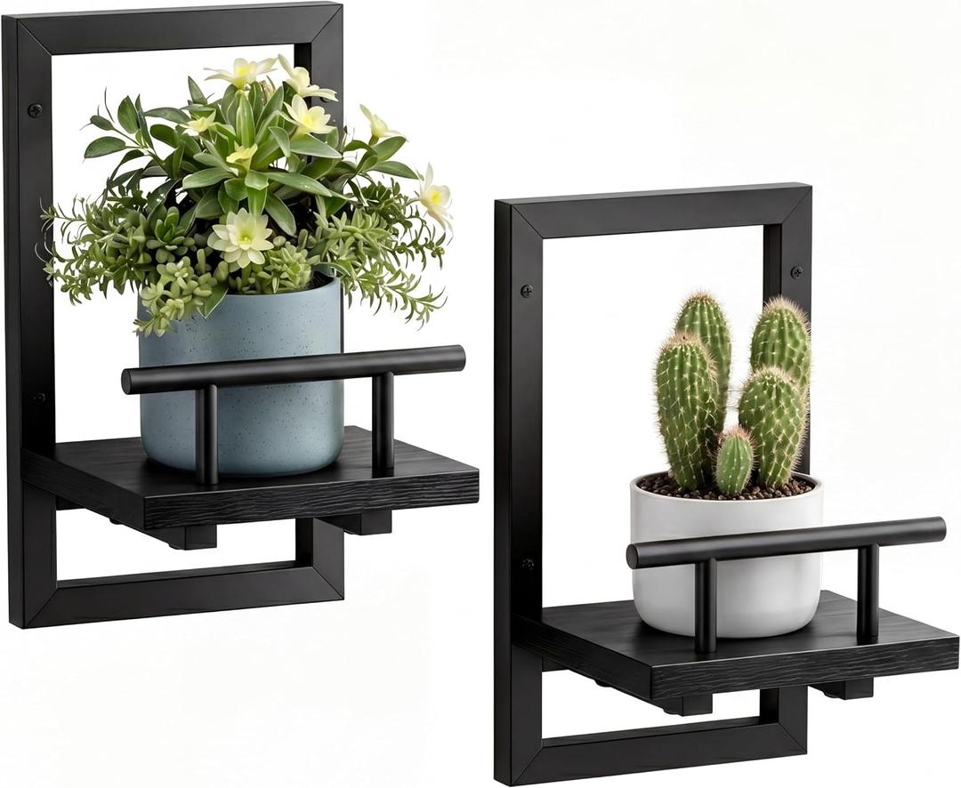 Sbosbo Floating Shelves for Wall, Plant Shelf Indoor, Wall Planters for Indoor Floating Plant Shelves for Bedroom, Living Room, Kitchen, Office, Bathroom Decor (Black, 2 Pack)