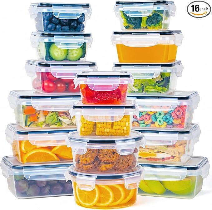 32 Piece Food Storage Container with Lids (16 Containers + 16 Lids) - Plastic Food Containers with Lid, Airtight Leak Proof Snap Lock, BPA Free Storage Containers