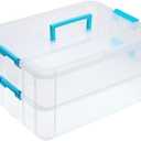 JUXYES 2-Tiers Stack Carry Storage Box With Handle, Transparent Stackable Storage Bin With Handle Lid Latching Storage Container for School & Office Supplies (Blue)
