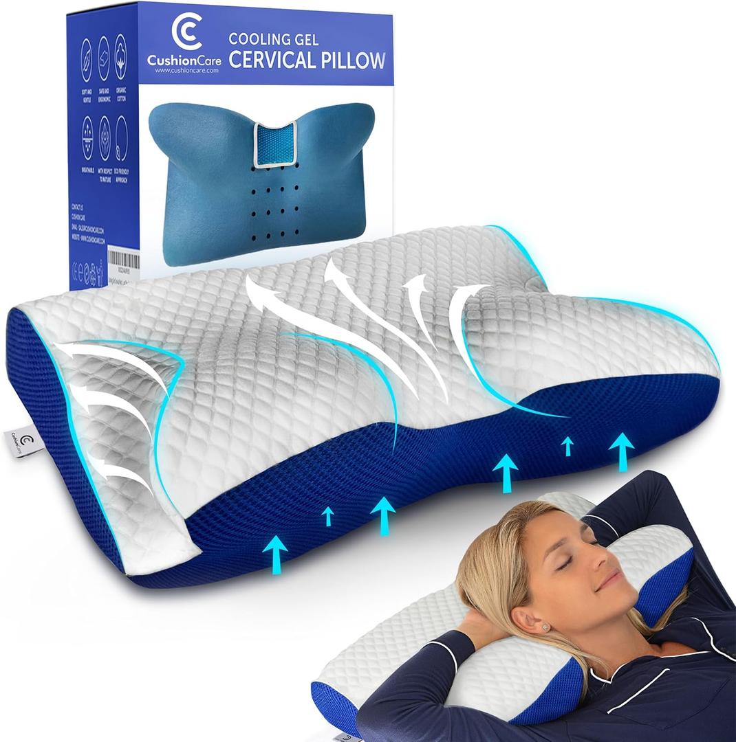Cooling Gel Pillow for Neck and Shoulder Pain  Memory Foam Cervical Pillow with Orthopedic Contour Support & Ventilated Cover  For Pain Relief & Alignment  Side, Back & Stomach Sleepers + Free Mask