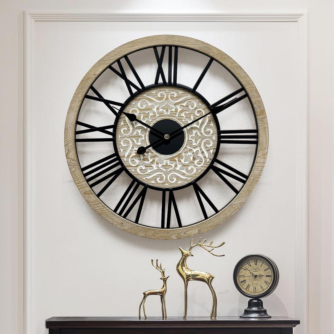 Large Farmhouse Wall Clock for Living Room Decor,24 in Round Carved Wooden Wall Clock,Rustic Silent Non-Ticking Decorative Wall Clocks for Bedroom/Kitchen/Entryway/Office/Dining Room