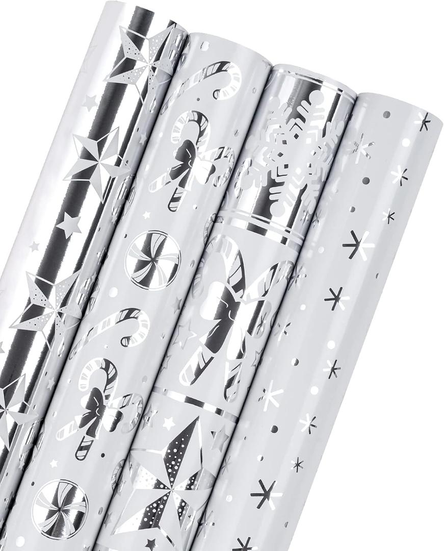 WRAPAHOLIC Silver Christmas Wrapping Paper Roll - Silver Snowflakes, Candy Cane Holiday Collection with Metallic Foil Shine - 4 Rolls - 30 Inch x 120 Inch Per Roll