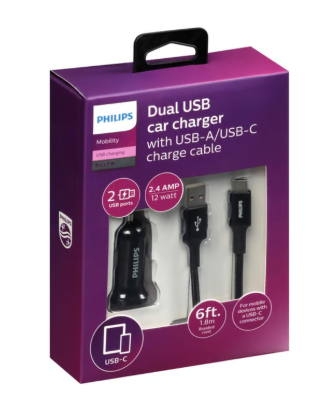Philips Dual USB Car Charger with USB-A/USB-C Charge Cable