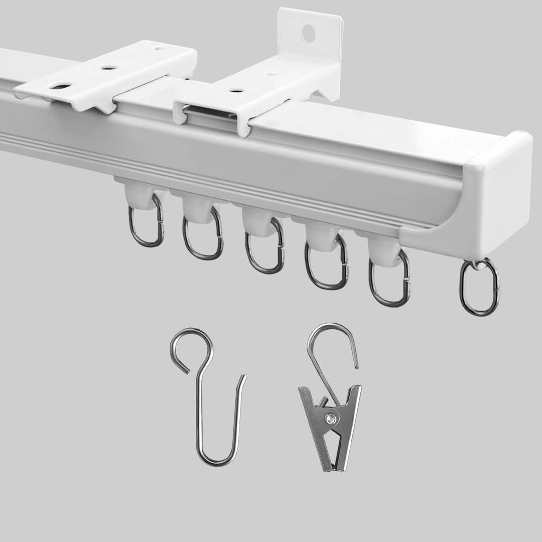 Ceiling Curtain Track, Heavy Duty Curtain Tracks System for Room Divider, Wall Mount Sliding Curtain Rail with Clip and Hooks Set for Living Room, Bedroom, Shower, Outdoor, White, 3ft-6ft