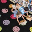 Flagship Carpets Rainbow Smileys in Black Criss-Cross Applesauce Educational Area Rug for Kids Room, Children's Classroom for Teaching and Playroom, 5' x 7'6", Black & Multi, Seats 20