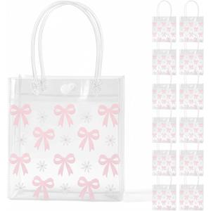 OHiZVZV 12 Pcs Transparent Gift Bags with Handles, Transparent Pouches for Gifting, Bow-Decor PVC Goodie Pack for Birthday, Party Favors