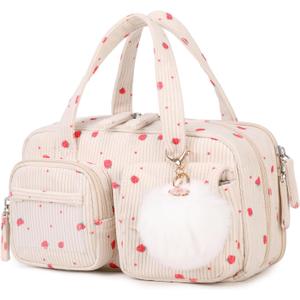 Pencil Case for Kids Girls Makeup Bag Women Cute Corduroy Pencil Bag with 5 Compartments Pencil Pouch Organizer Aesthetic School Supplies, Beige Strawberry