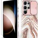 SHEDEER for Samsung Galaxy S25 Ultra Case with Slide Camera Cover & Screen Protector, Anti-Yellowing Chic Pattern, Shockproof Anti-Scratch Slim Thin Phone Cover Samsung S25 Ultra 6.9'', Rosegold