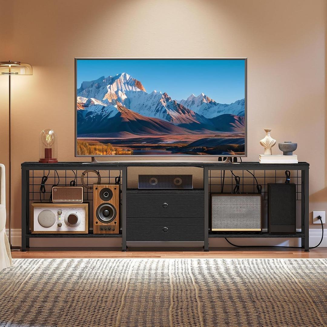 YATINEY TV Stand with Power Outlet Up to 75 Inch, Entertainment Center with 2 Fabric Drawers, TV Console Table with Open Storage Shelves for TVs, Cable Management, for Living Room, Bedroom, DS18UBBY1, 70.9"L x 11.8"W x 21.6"H