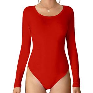 Women's Crew Neck Long Sleeve Cotton Bodysuit, Stretch Comfy Everyday Wear Bodysuit for Women (L)