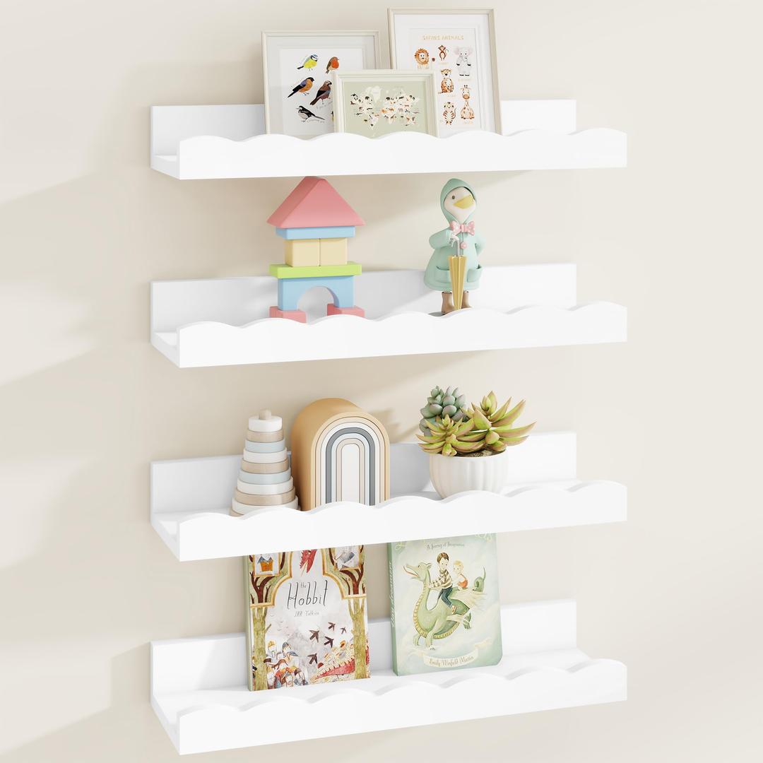 Fun Memories Scalloped Floating Shelves for Wall 32in, Solid Pine Wood Nursery Book Shelves, Kids Wall Shelves for Bedroom, Toddler Room Storage & Nursery Decor, Set of 2