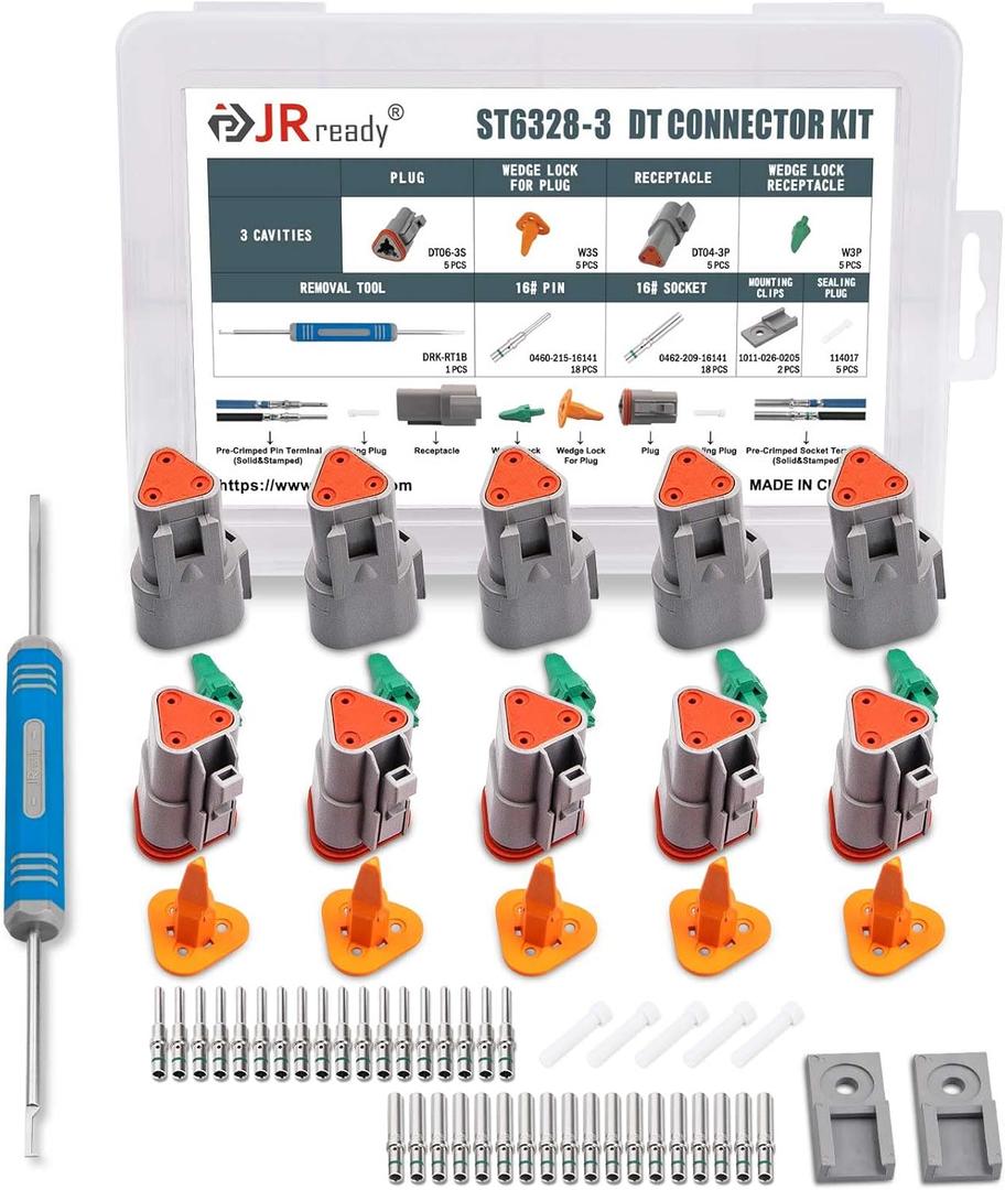 JRready Deutsch Connector 3 Pin Connector Kits with Size 16 Solid Contacts(14-20AWG), ST6328-3 Waterproof DT Series Connector 3 Pin 5 Sets and Deutsch Pin Removal Tool DRK-RT1B with Mounting Clips