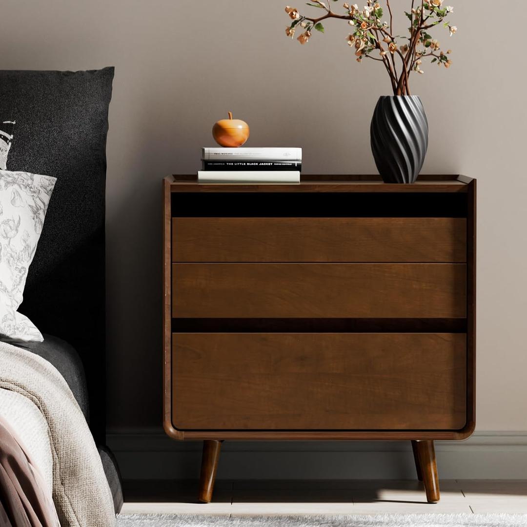 25.43" Walnut Finish Nightstand with Charging Station Night Stand with Leg, 23.62" x 15.75" x 25.43"