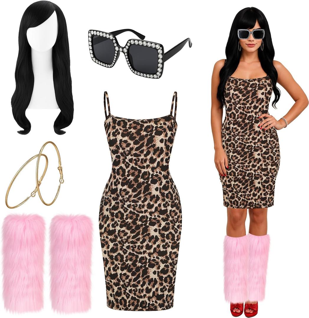 Ramede 5 Pcs Halloween Reality TV Personality Costume Accessories Leopard Dress Earrings Wig Leg Warmer Sunglasses Women (Small)