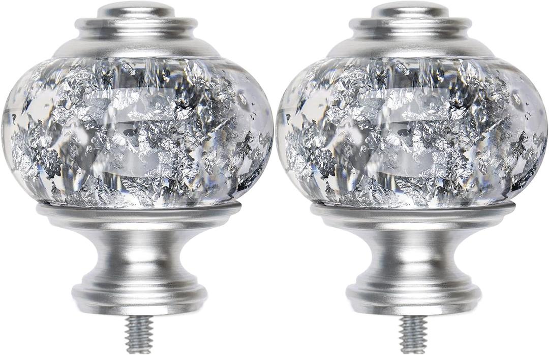 2 Pack Window Treatment Finials for 1 or 7/8 Inch Curtain Rods, Silver Drapery Rods Replacement Finials with M6 Screws, Translucent Finials Embedded with Silver Foil