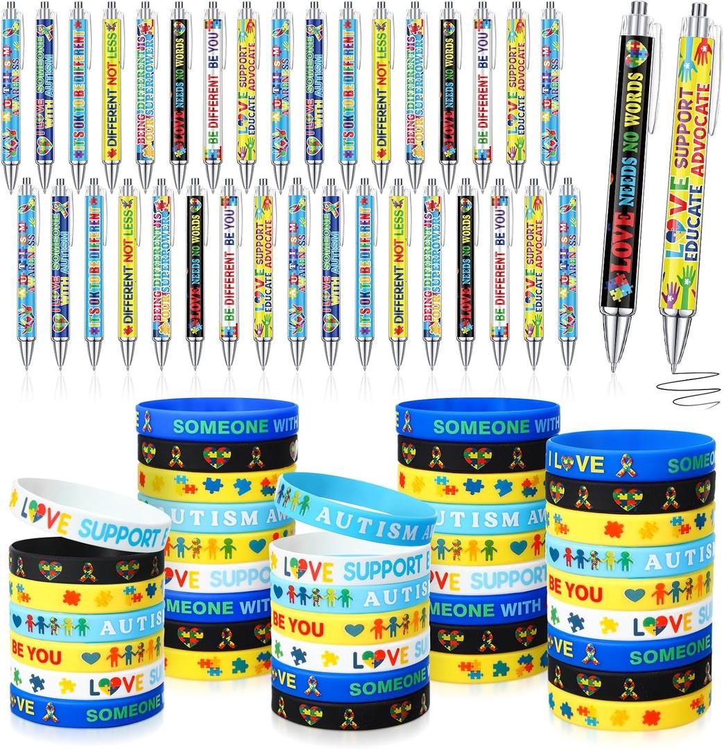 Dispowreath 72 Pcs Autism Awareness Accessories Bulk Autism Awareness Bracelets Ballpoint Pens Gift Set Colorful Puzzle Pieces Rubber Wristbands and Pens for Charity Event Party Favor Office Supplies