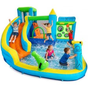 Acpouw Inflatable Bounce House, 7-in-1 Water Slide Bouncer | With 480W Blower, Climbing Wall, Jumping Area, Water Cannon, Splash Pool and Basketball Hoop, Indoor Outdoor Backyard