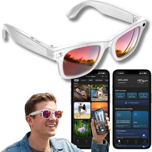 Smart Glasses with Camera, 8MP POV Recording Sunglasses for Travel, Cycling & Outdoor Use, AI Object Recognition, Voice Translation, Bluetooth Audio, Built-in Storage, IP67, Red Mirrored Lens