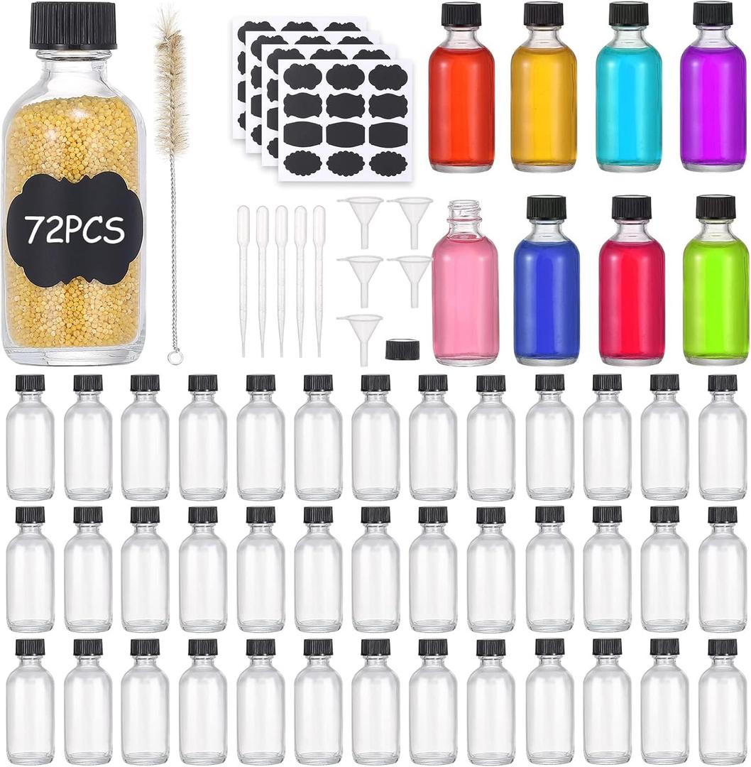 MMonDod (Pack of 72) 2oz Small Clear Glass Bottles(60ml) with Lids Boston Round Travel Bottles for Vanilla Hot Sauce Juice Whiskey Liquid come with 72 Labels,5 Funnels,5 Droppers,1 Brush