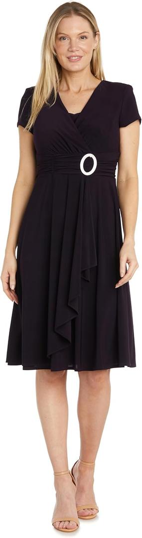 R&M Richards Women's Cascade Wrap Dress with V-Neck & O-Ring Rhinestone Buckle, Work to Weekend Short Sleeve Flowy Silhouette (Purple, L)