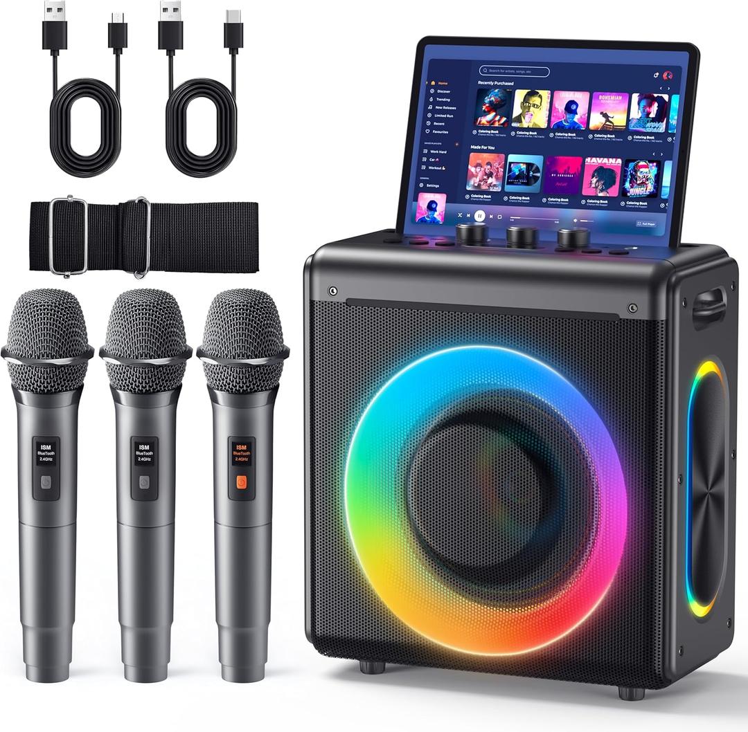 Karaoke Machine with 3 Wireless Rechargeable Microphones: Portable Bluetooth Speaker for Adults & Kids - PA System with Lights Supports TWS/TF Card/USB/AUX for Home Party