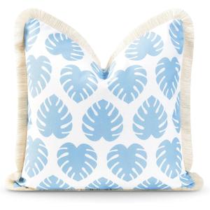 Hofdeco Premium Coastal Hampton Style Patio Indoor Outdoor Pillow Cover Only, 20"x20" Water Resistant for Backyard, Couch, Baby Blue Monstera Leaf Fringe (Baby Blue Monstera Leaf 20"x20")