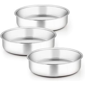 TeamFar 9 Inch Cake Pan, 3 Pcs Round Tier Cake Pans Set Stainless Steel for Baking Steaming Serving, Perfect for Birthday Wedding Celebrations, Healthy & Sturdy, Mirror Finish & Dishwasher Safe, 9.5 inch