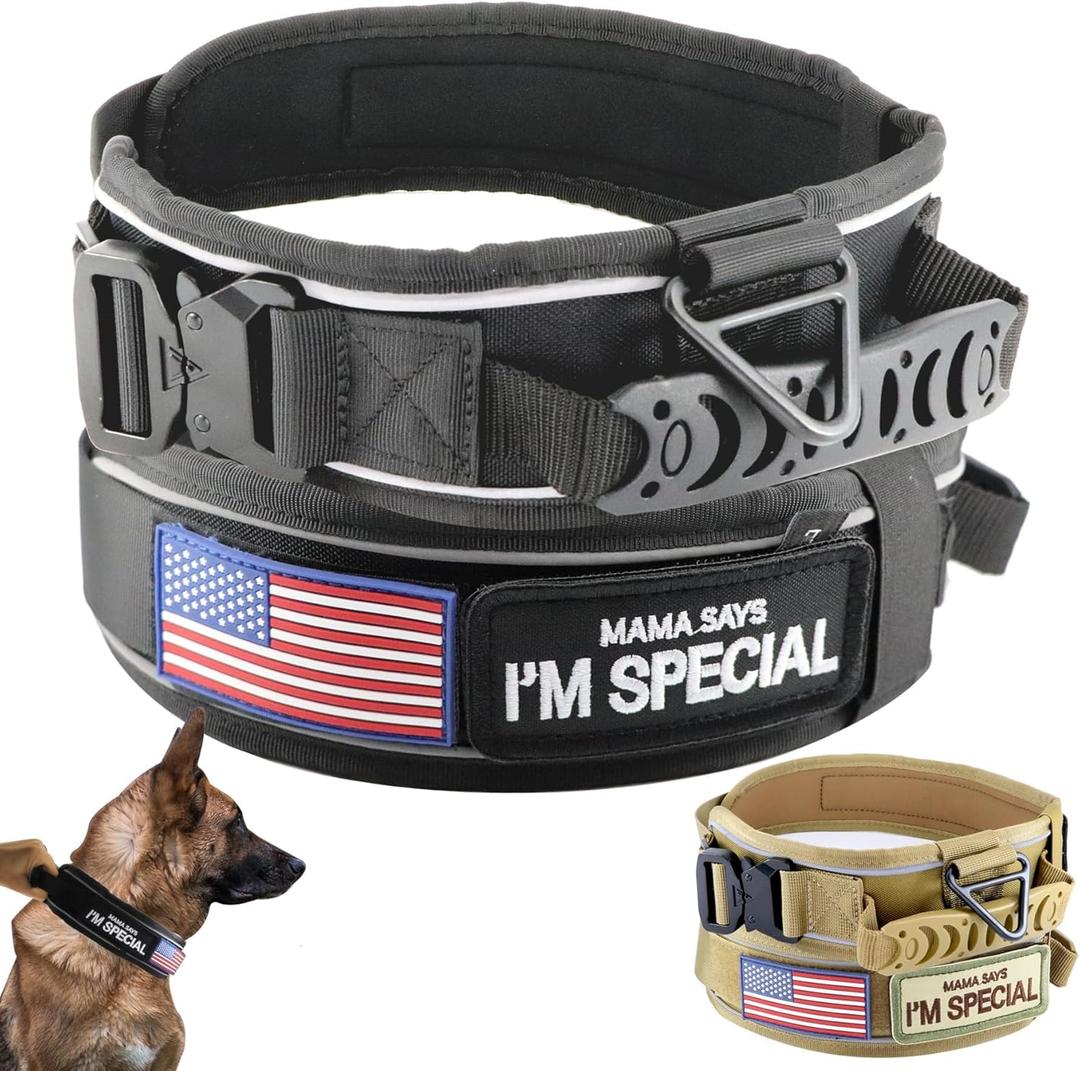 2.5" Tactical Dog Collar for Medium Dogs, Adjustable Heavy Duty Military Nylon Dog Collar with Reflective Stitching & Padded Handle for Hiking/Running/Training (Black,M) (Neck Girth: 14"-20"(36-50cm))