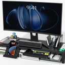 OImaster Adjustable Monitor Stand Riser with Drawer - Foldable Computer Stand for Desk, Desktop Organizer with Phone Holder & Pen Slot, Space Saving Laptop Riser for Home Office, Black