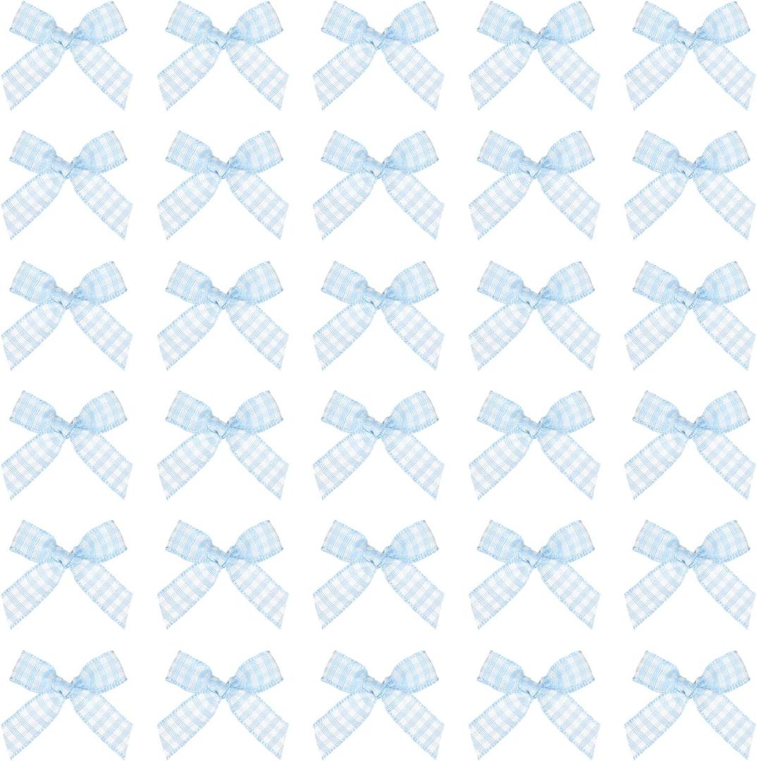 MECCANIXITY 50 Pcs Mini Gingham Ribbon Bows 1.8 Inch Checkered Plaid Bow Fabric Satin for Craft DIY Cake Sewing Wedding Birthday Party Wrapping Christmas Decoration, Light Blue White