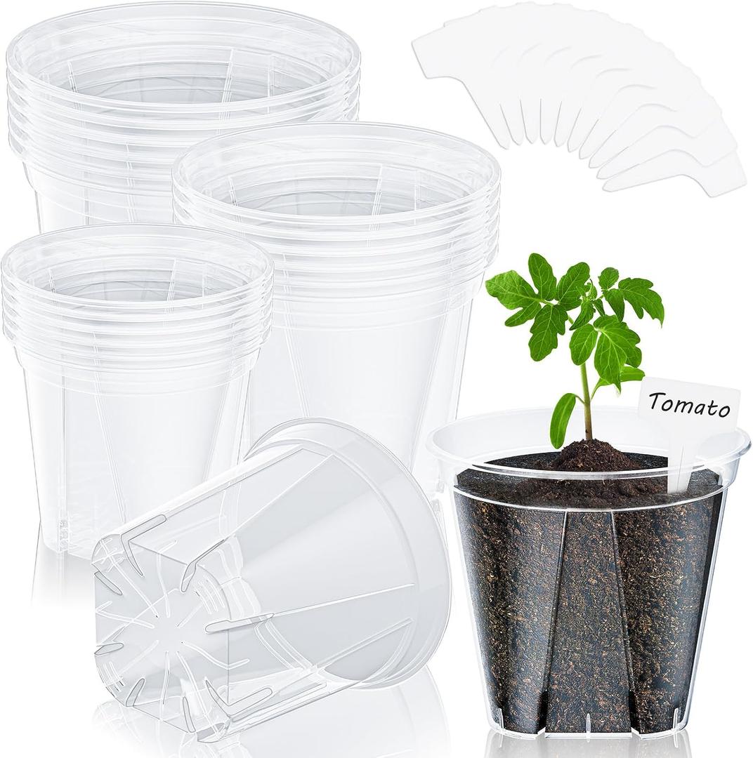 18 Pack Clear Nursery Pots for Plants, 5.5/5.9/6.3 Inch Reinforced Plastic Plant Pots with Drainage Holes High Transparency Plant Pot Seed Starter Pot High Transparency with 10 Plant Labels