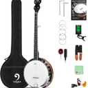 Vangoa LEFT-HANDED Banjo 5 String Mahogany Open Back Banjo with Resonator, Remo Drum Head, Geared 5th String Beginner Kit with Manual, Full Size