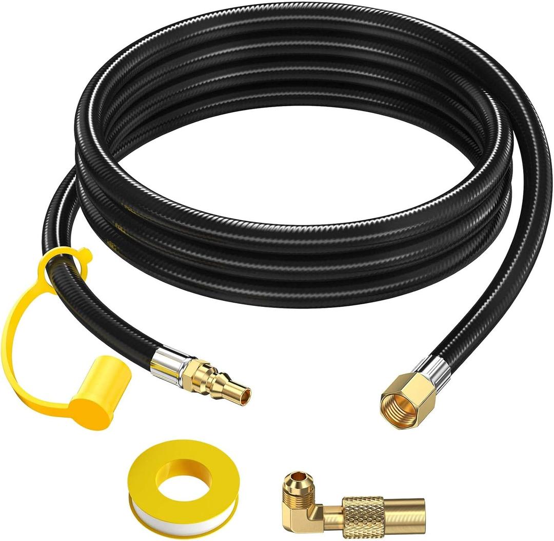 7 FT RV Propane Quick Connect Hose to Grill, BBQ Quick Release LP Gas Line for Camp Chef Stove, Pit Boss Burner-1/4 Male Plug x 3/8 Female Flare-with Elbow Adapter for Blackstone 17"22"28''36''Griddle